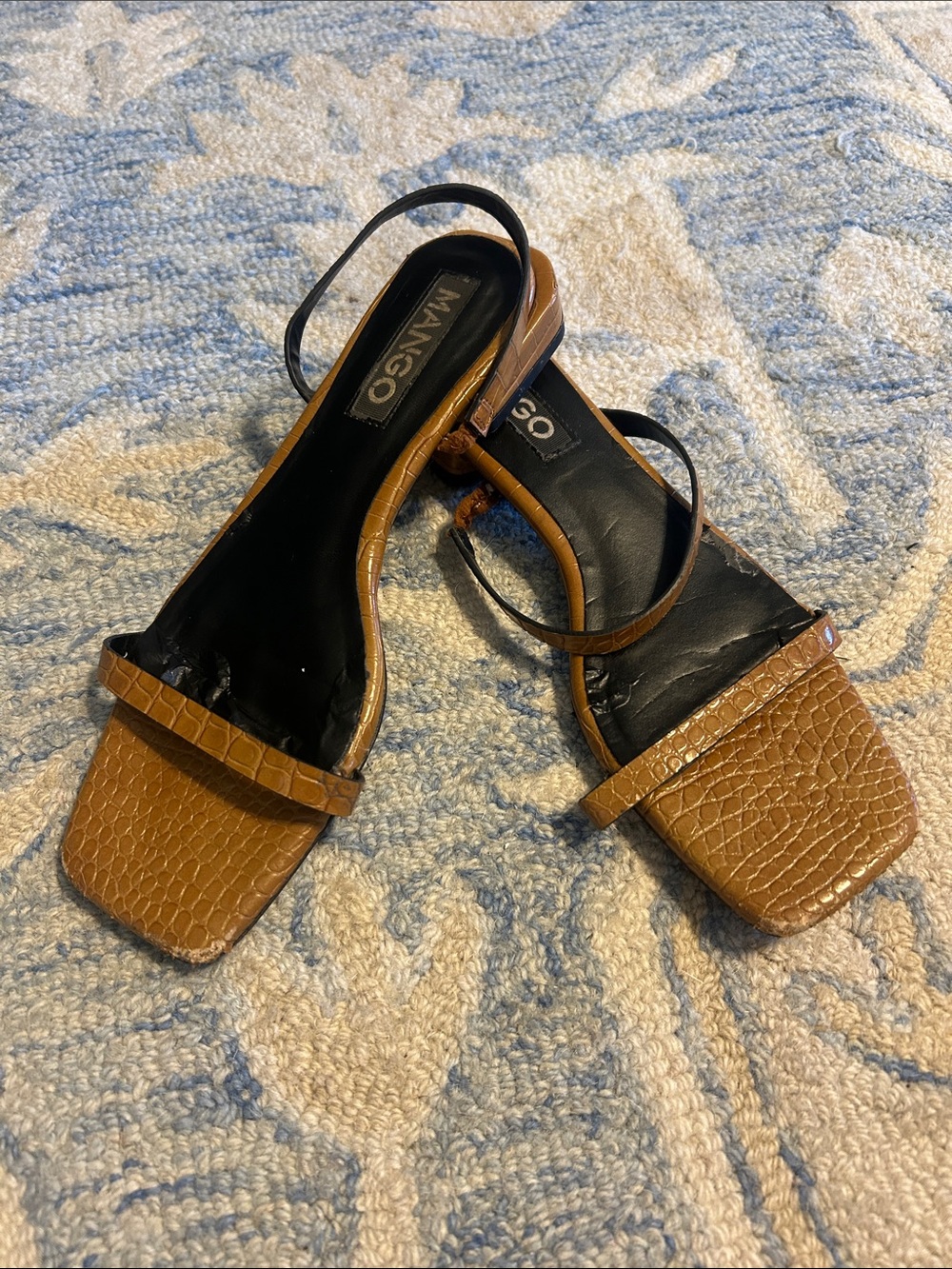 Mango Tan Croc-Embossed Square-Toe Strap Sandals